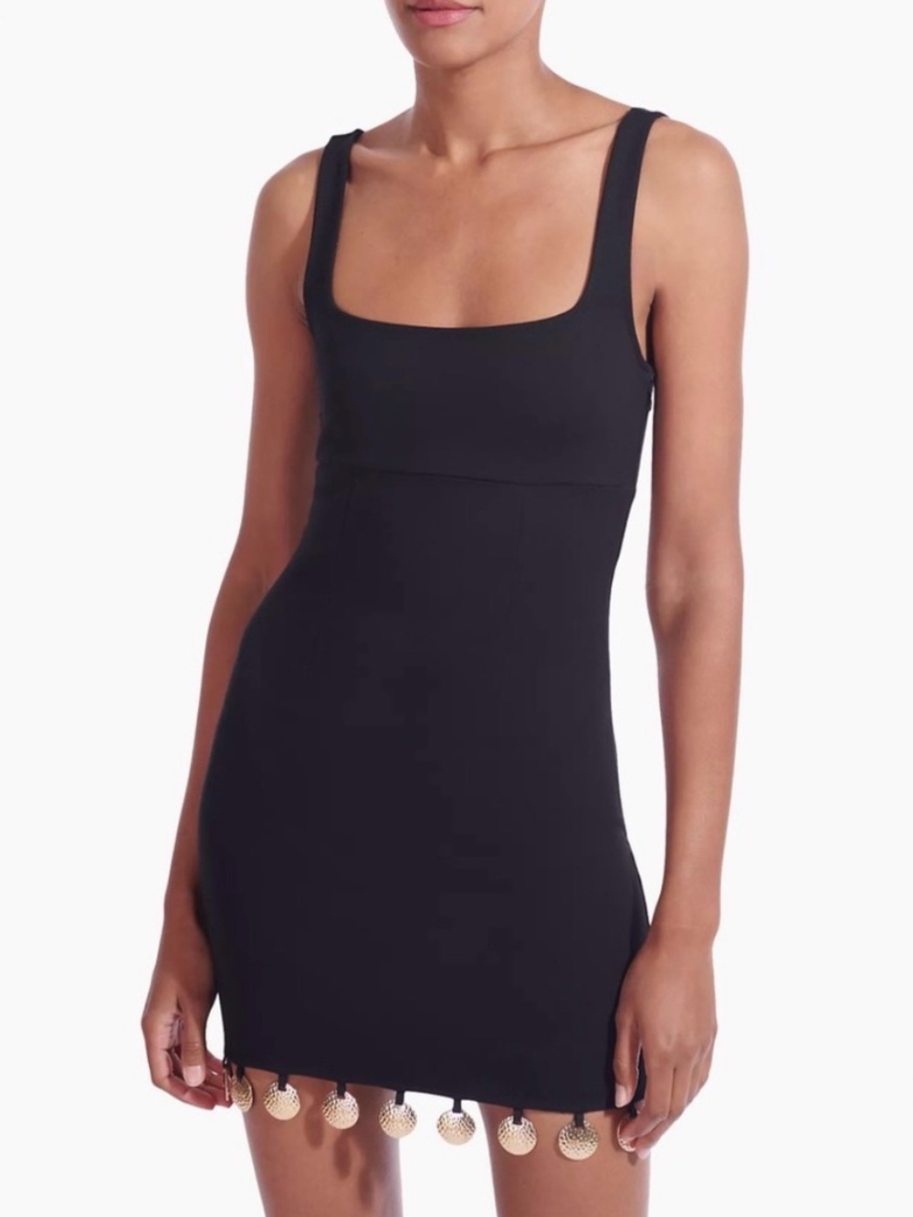 NWT STAUD Black Square-Neck Tank Mini Dress with Gold Disc Hem